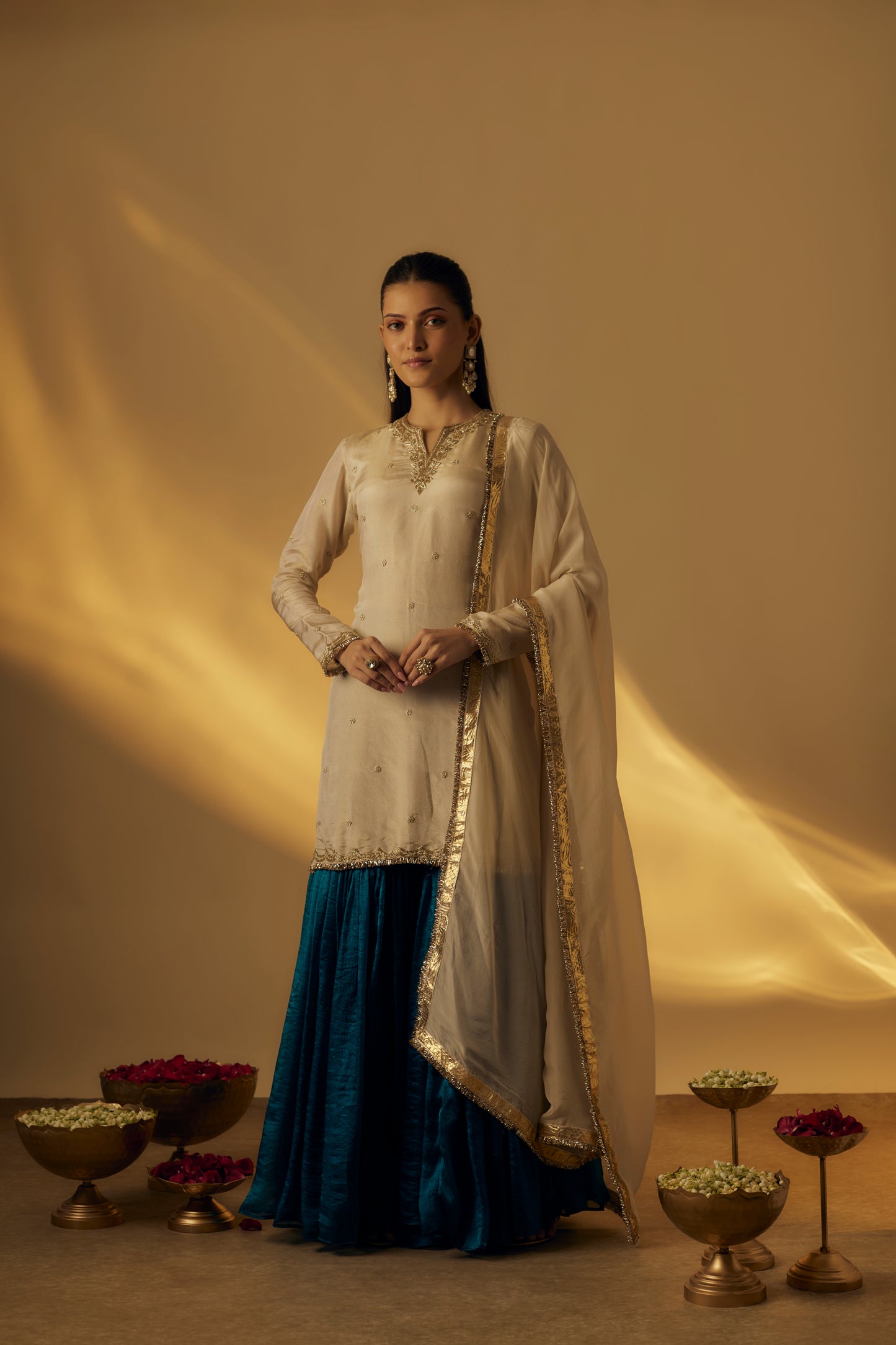 Beige and Teal Gharara Set