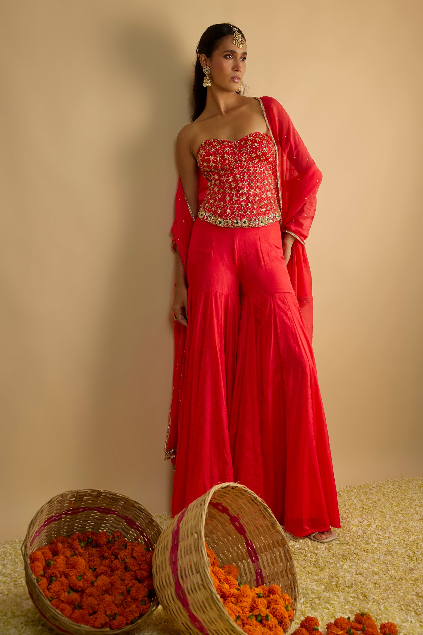 Crimson Blush Silk Chiffon Corset with Gharara Pants Set