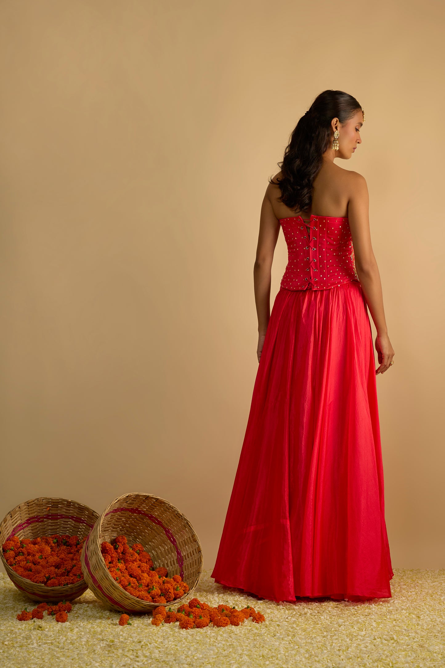 Crimson Blush Silk Chiffon Corset Lehenga Set
