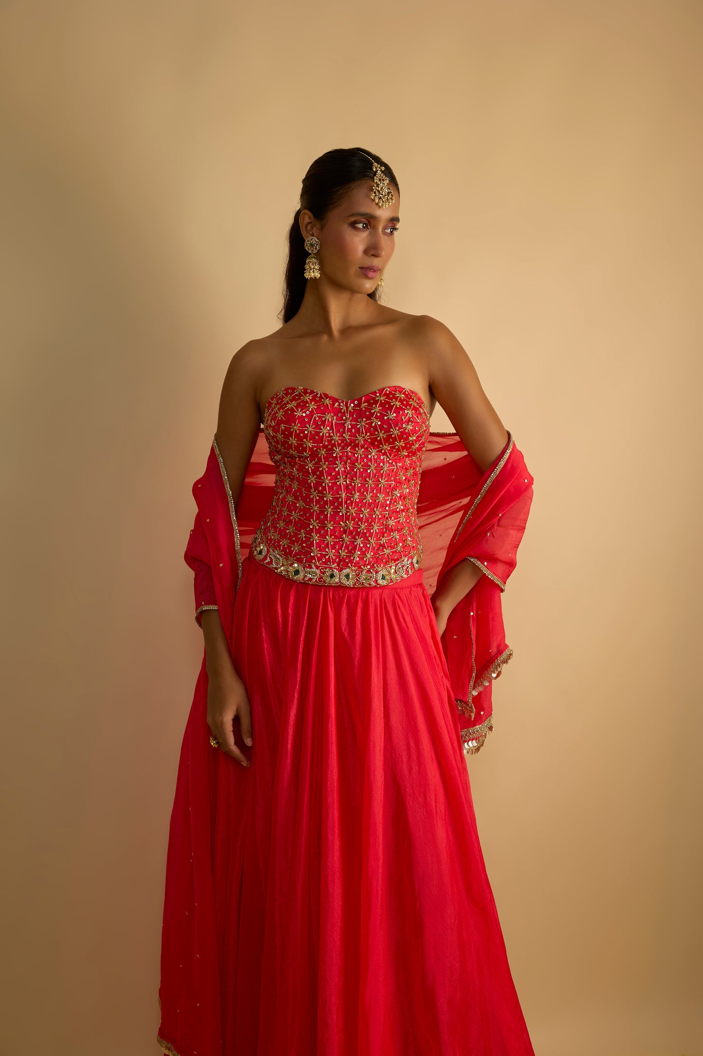 Crimson Blush Silk Chiffon Corset Lehenga Set