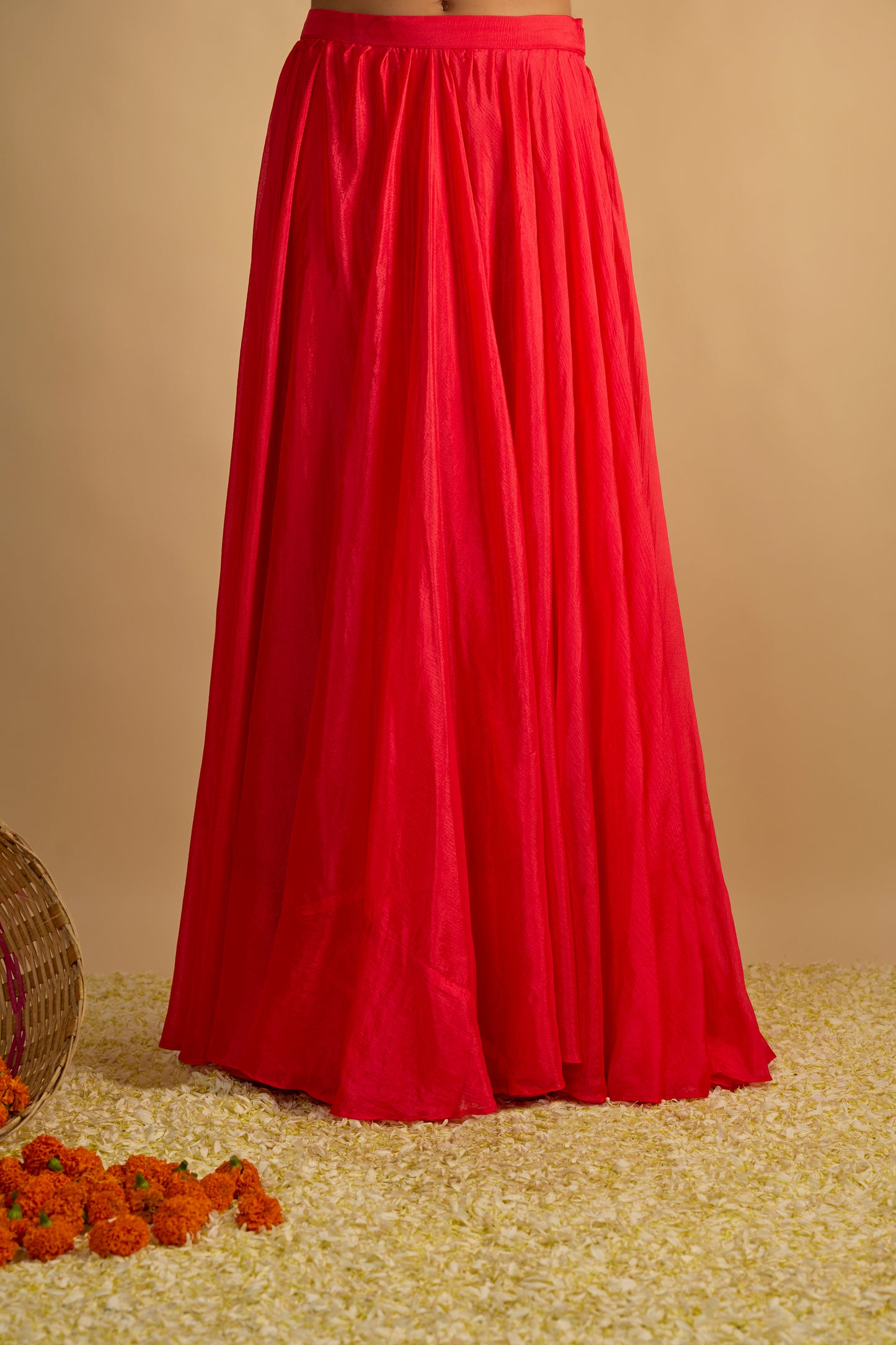 Crimson Blush Silk Chiffon Corset Lehenga Set