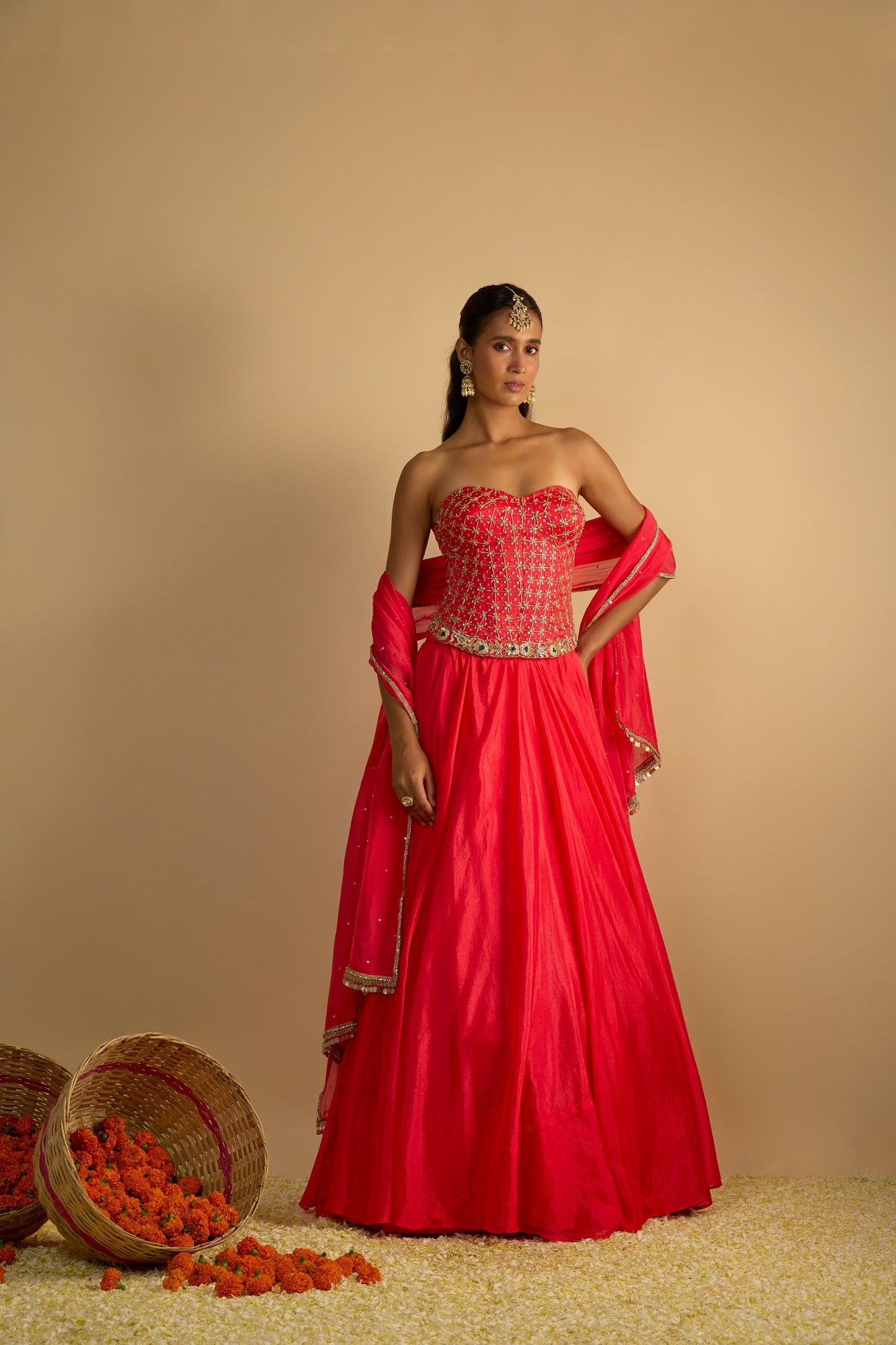 Crimson Blush Silk Chiffon Corset Lehenga Set