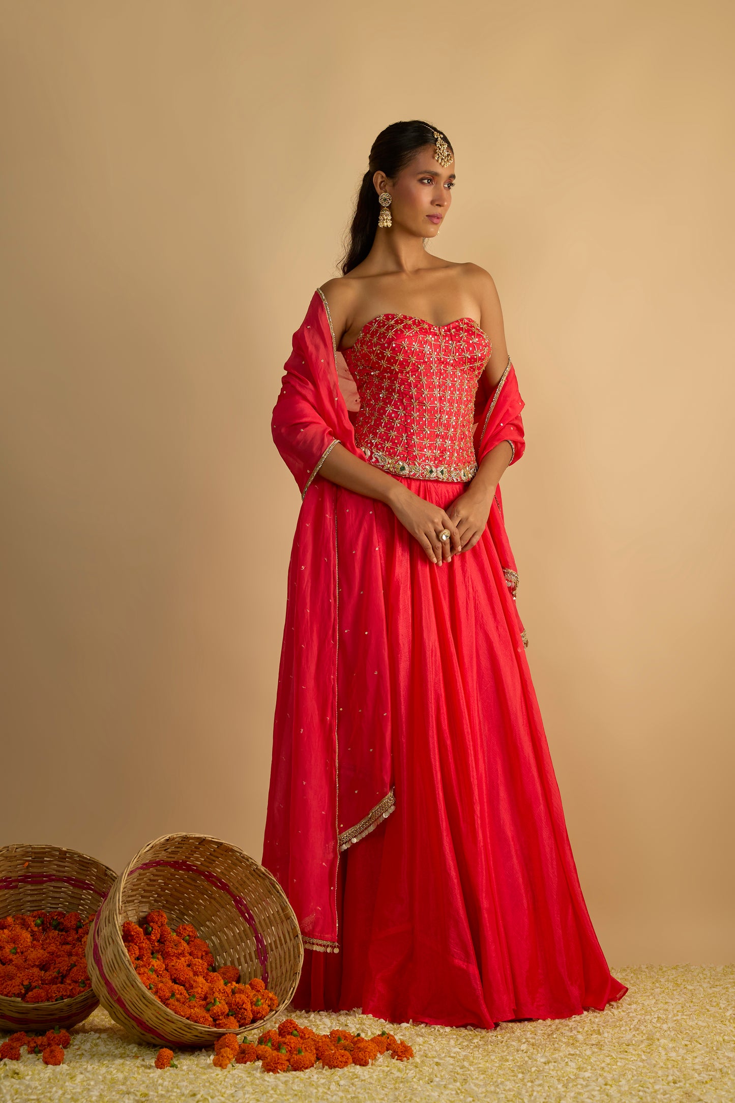 Crimson Blush Silk Chiffon Corset Lehenga Set