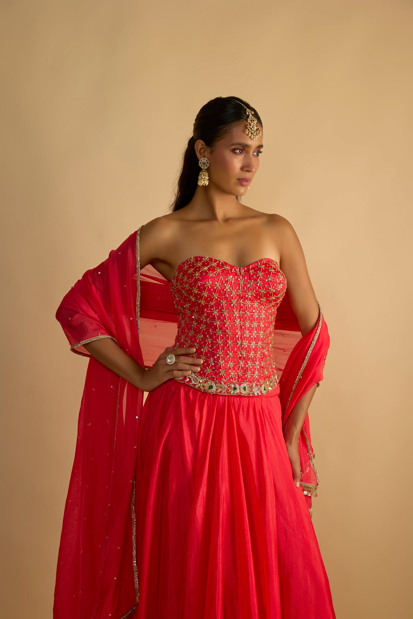 Crimson Blush Silk Chiffon Corset Lehenga Set