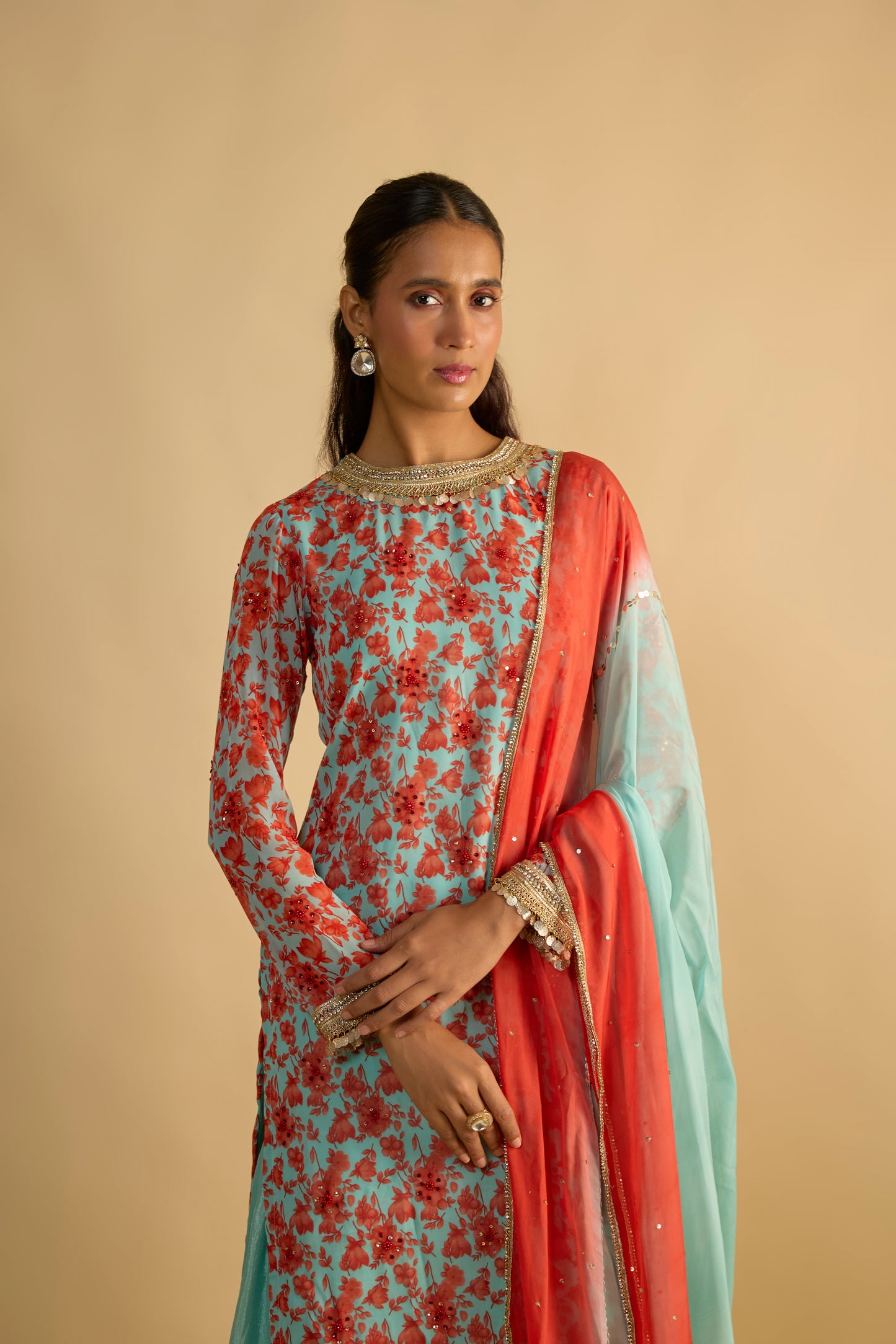 Printed Kurta Hand Embroidered in Georgette with Silk Chiffon Gharara Set
