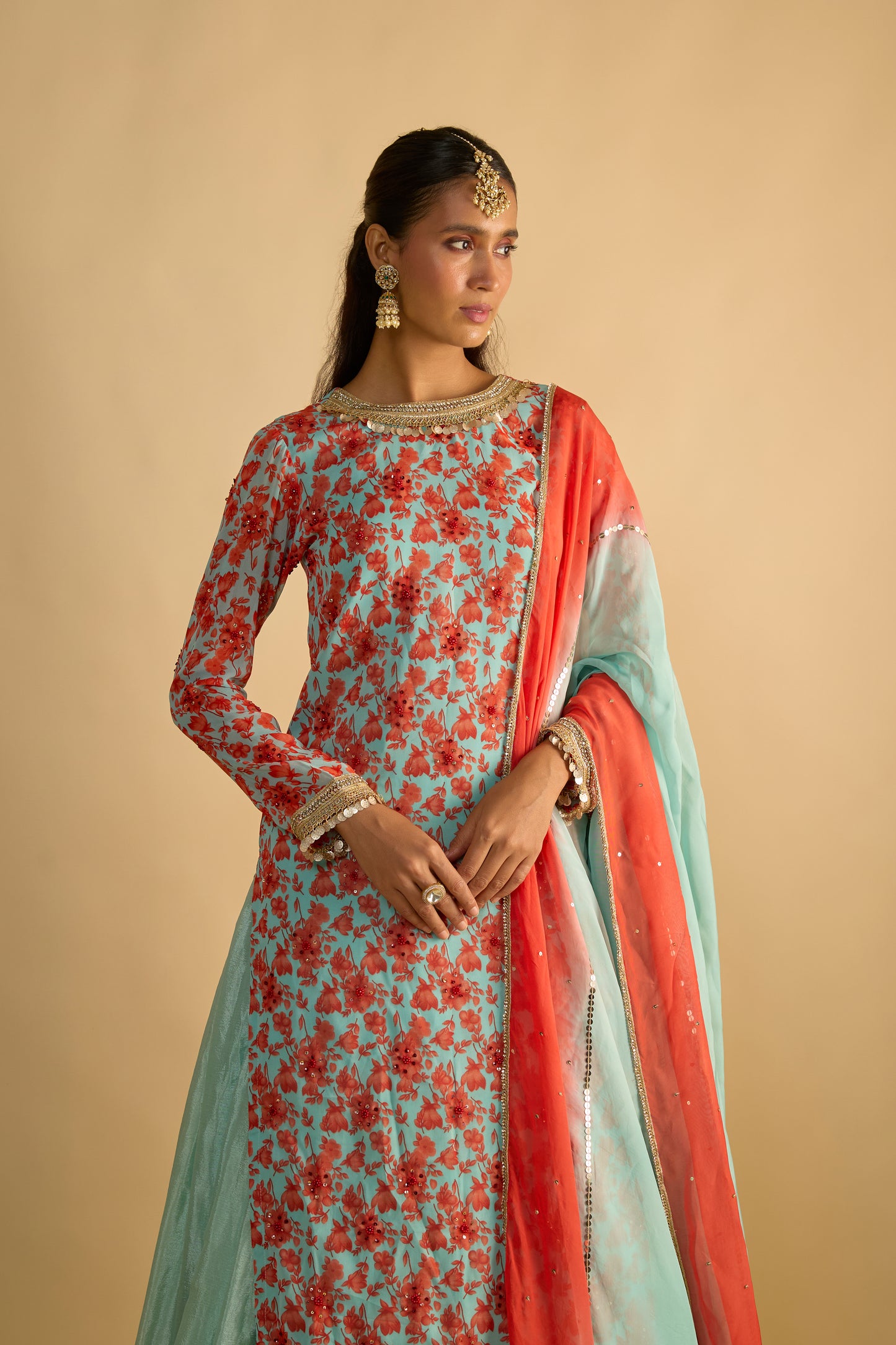 Blue and Orange Floral Printed Kurta Lehenga Set