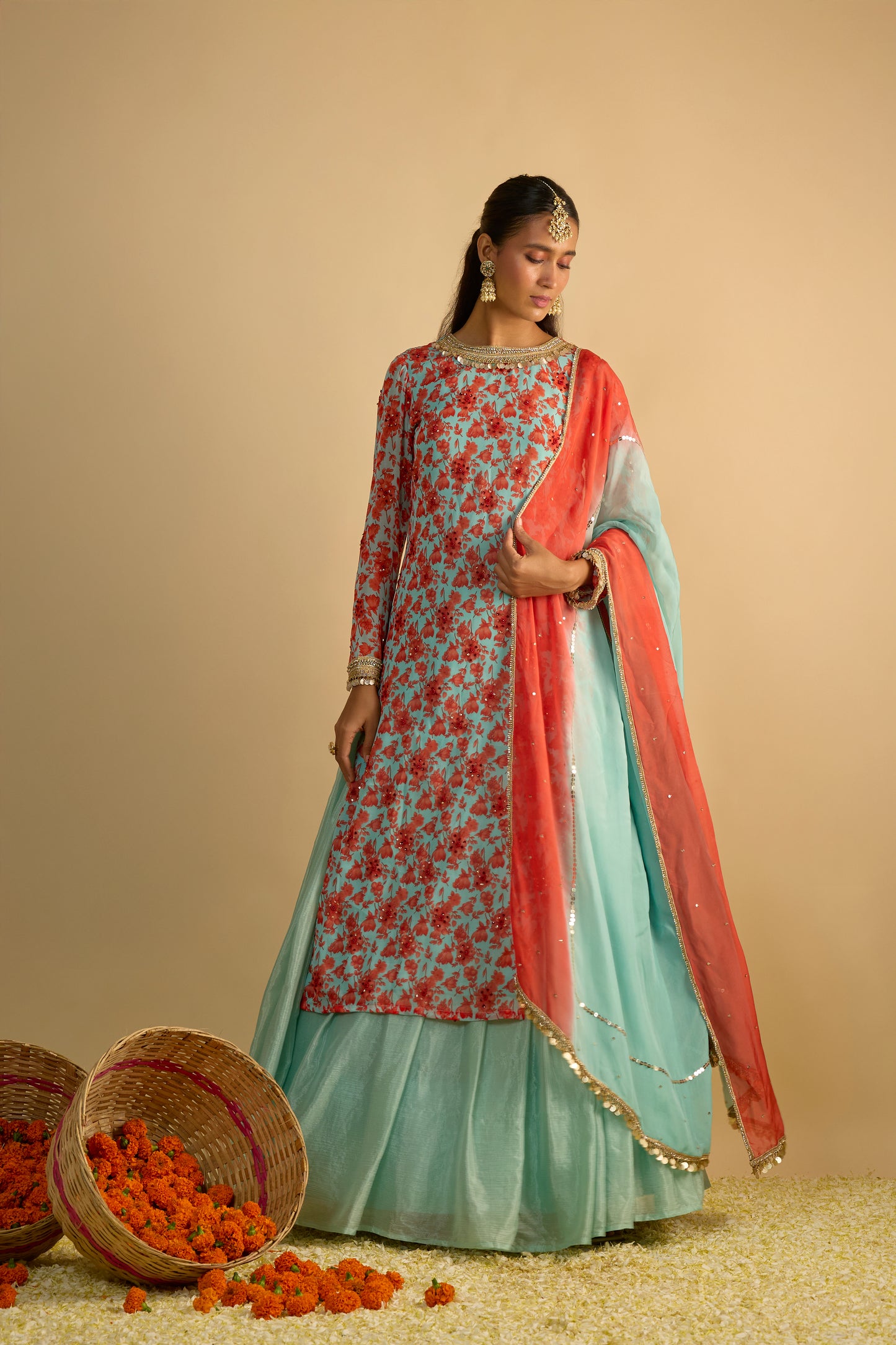 Blue and Orange Floral Printed Kurta Lehenga Set