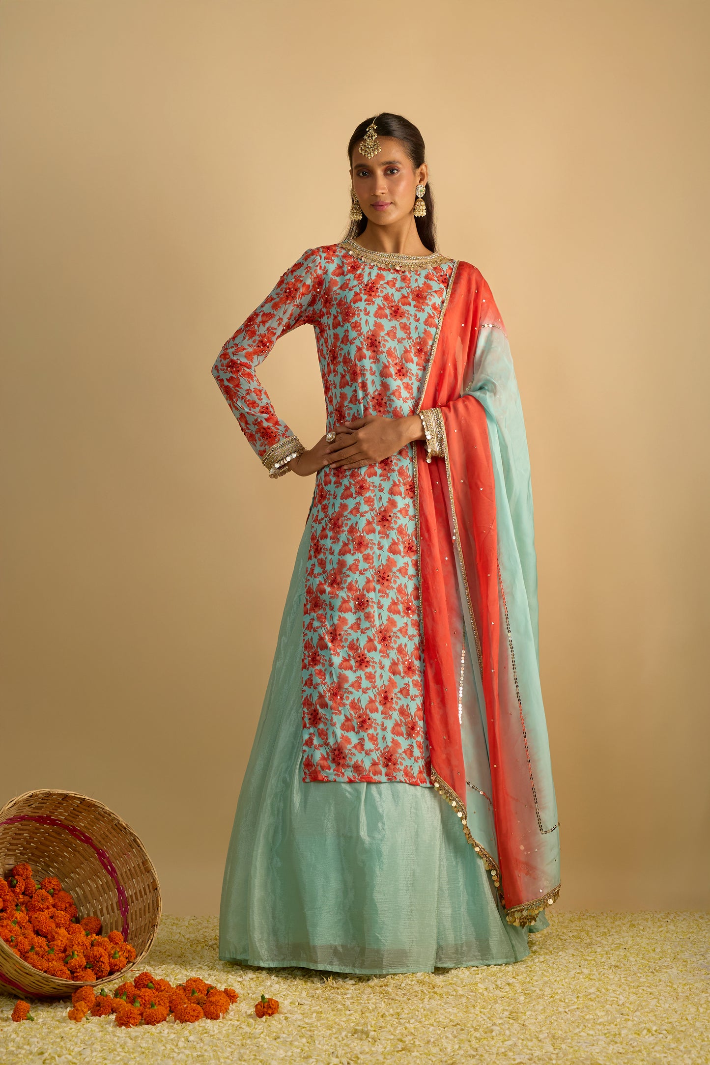 Blue and Orange Floral Printed Kurta Lehenga Set