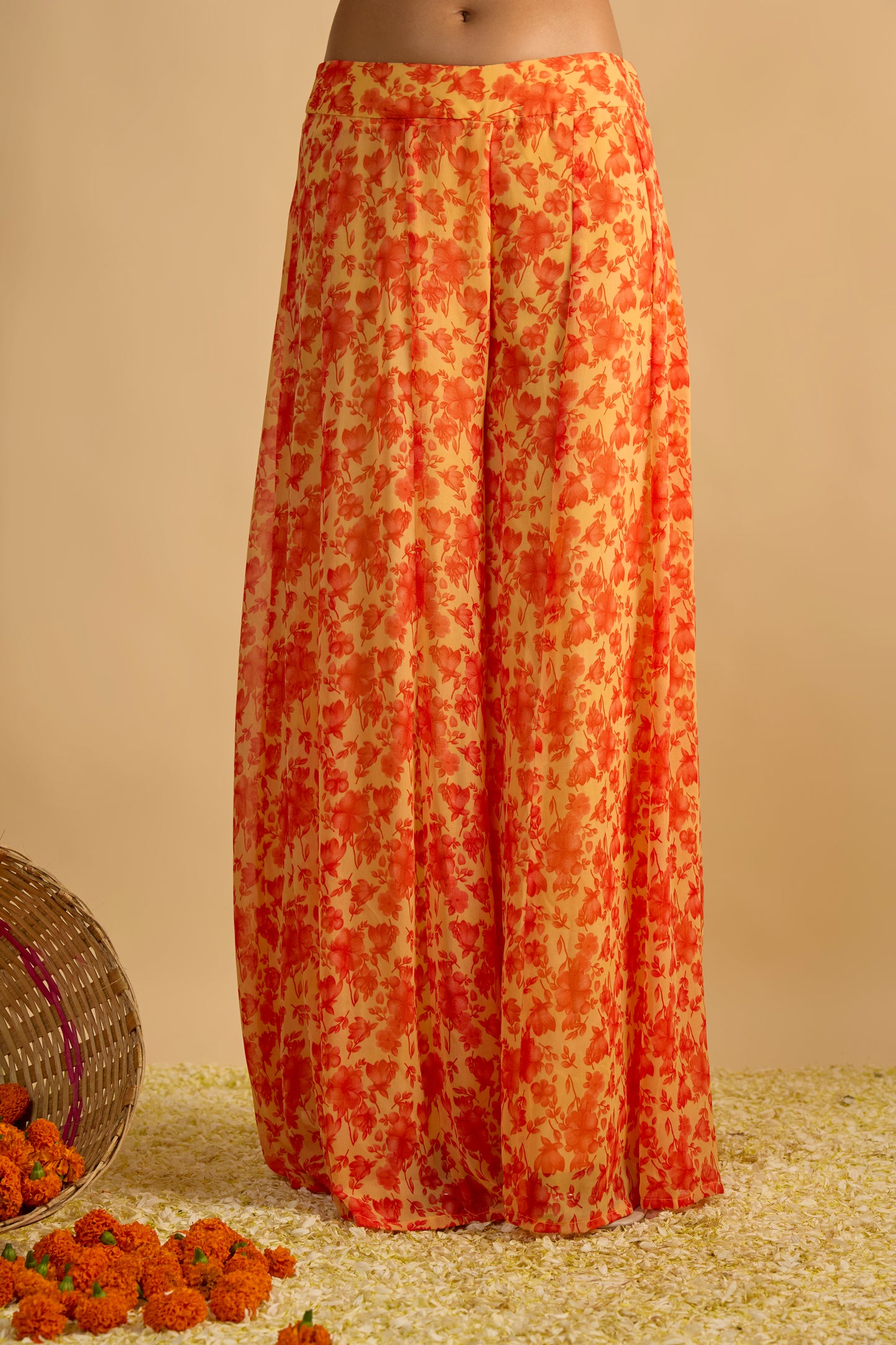 Yellow and Orange Floral Printed Short Kurta Set