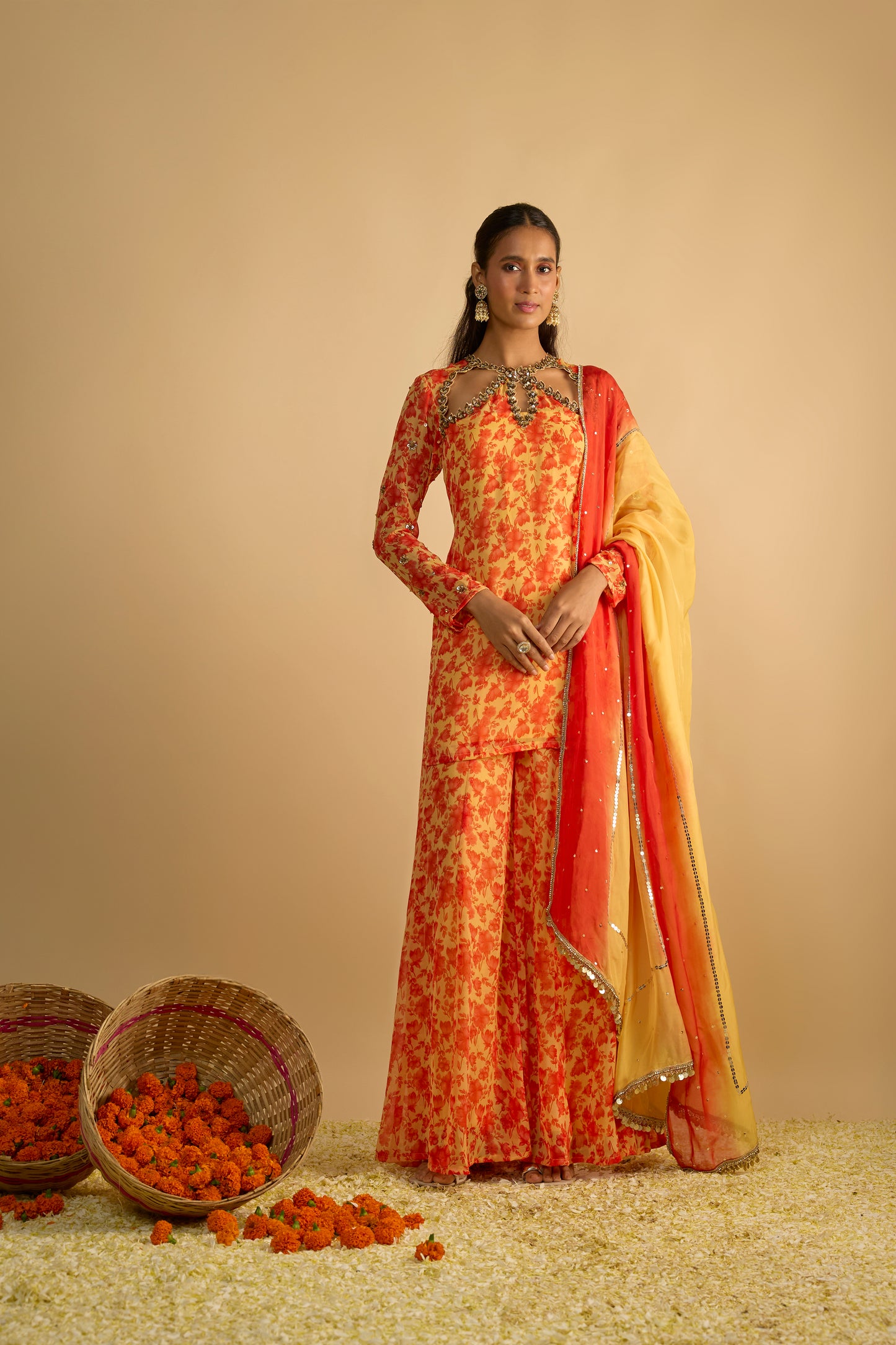 Yellow and Orange Floral Printed Short Kurta Set