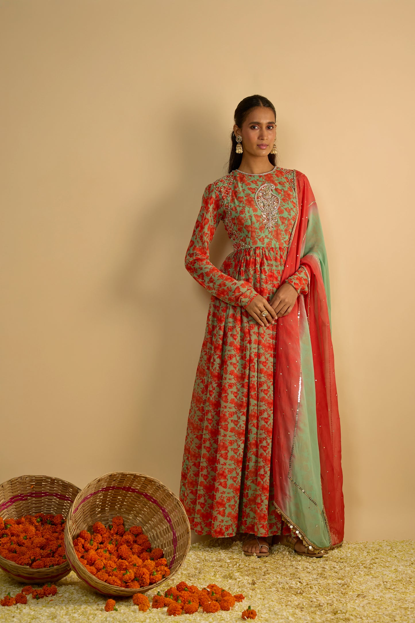 Green and Orange Floral Printed Anarkali Set