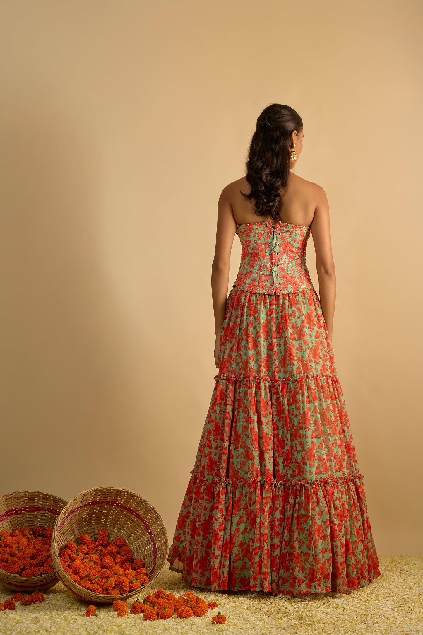 Green and Orange Floral Printed Corset Lehenga Set