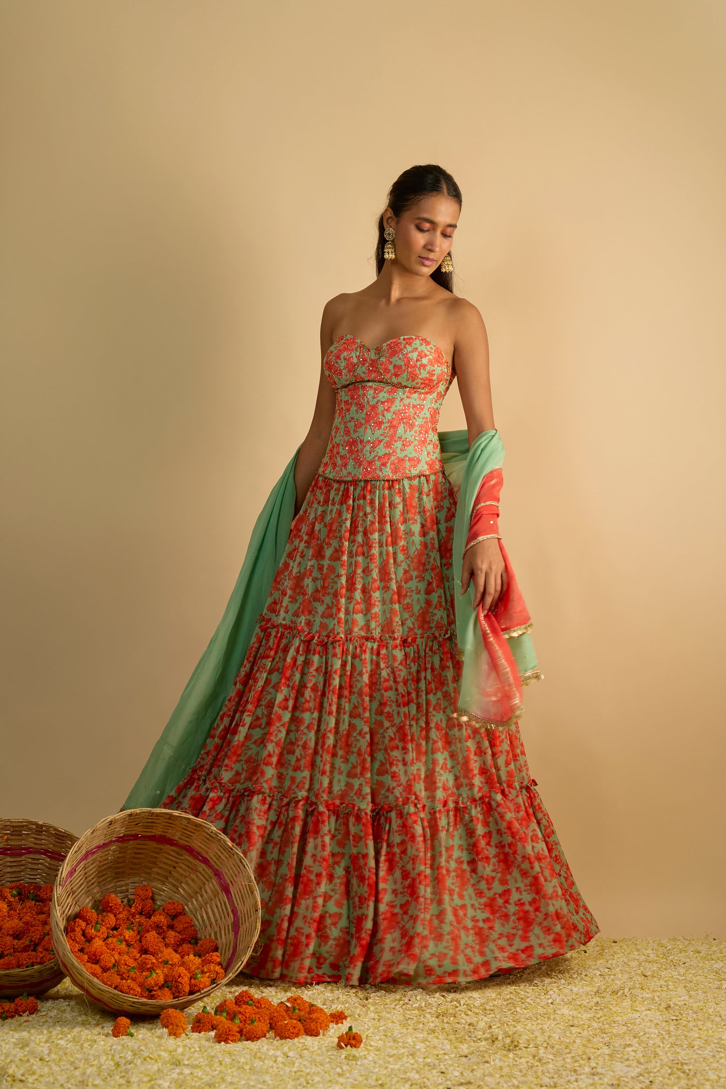 Green and Orange Floral Printed Corset Lehenga Set