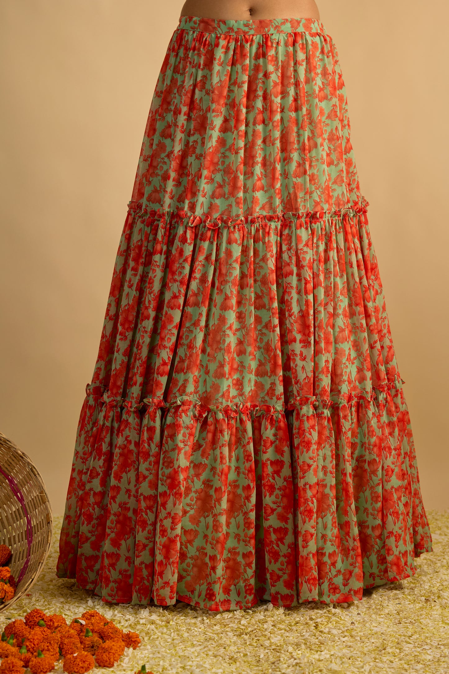 Green and Orange Floral Printed Corset Lehenga Set