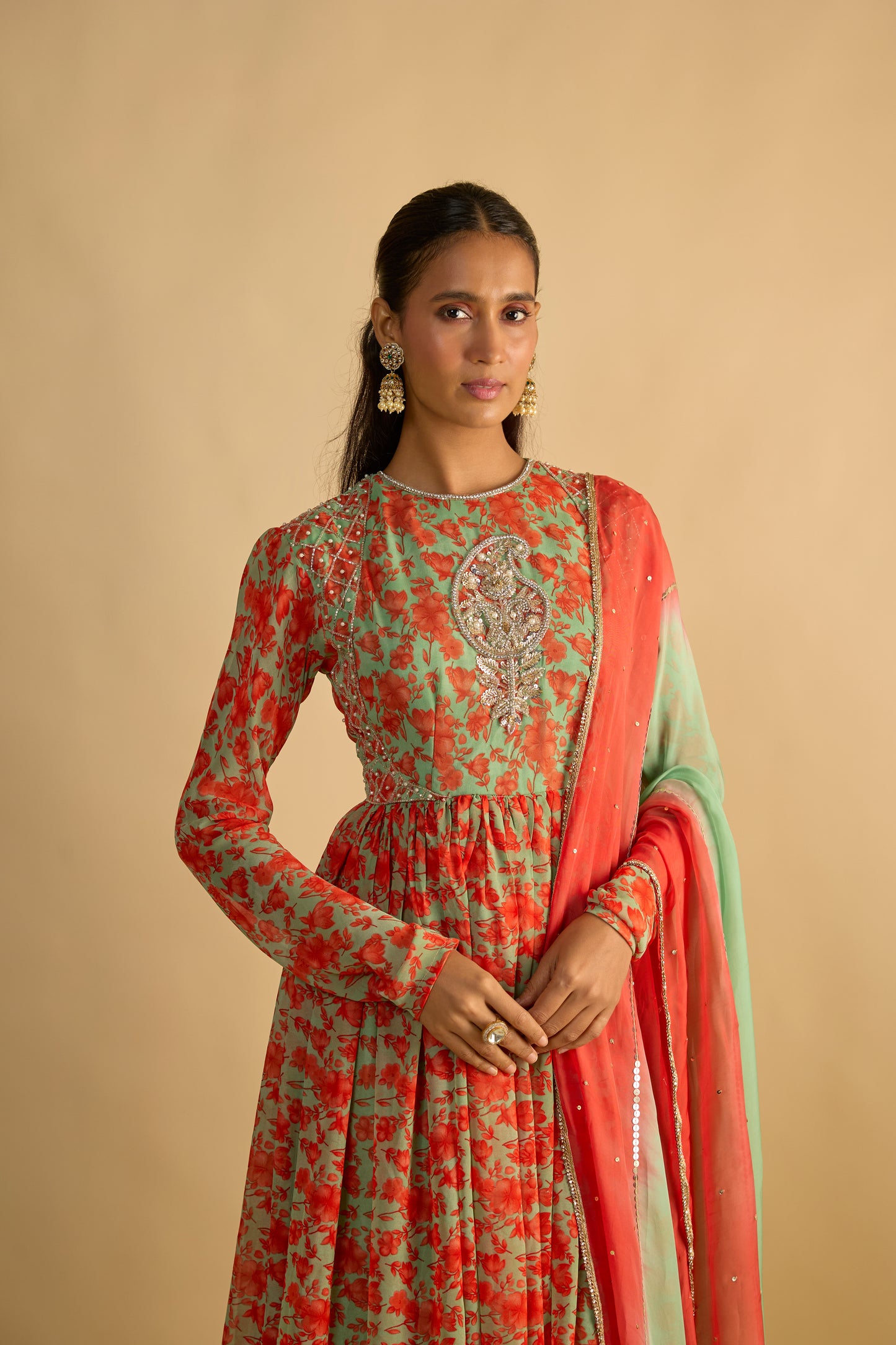 Green and Orange Floral Printed Anarkali Set