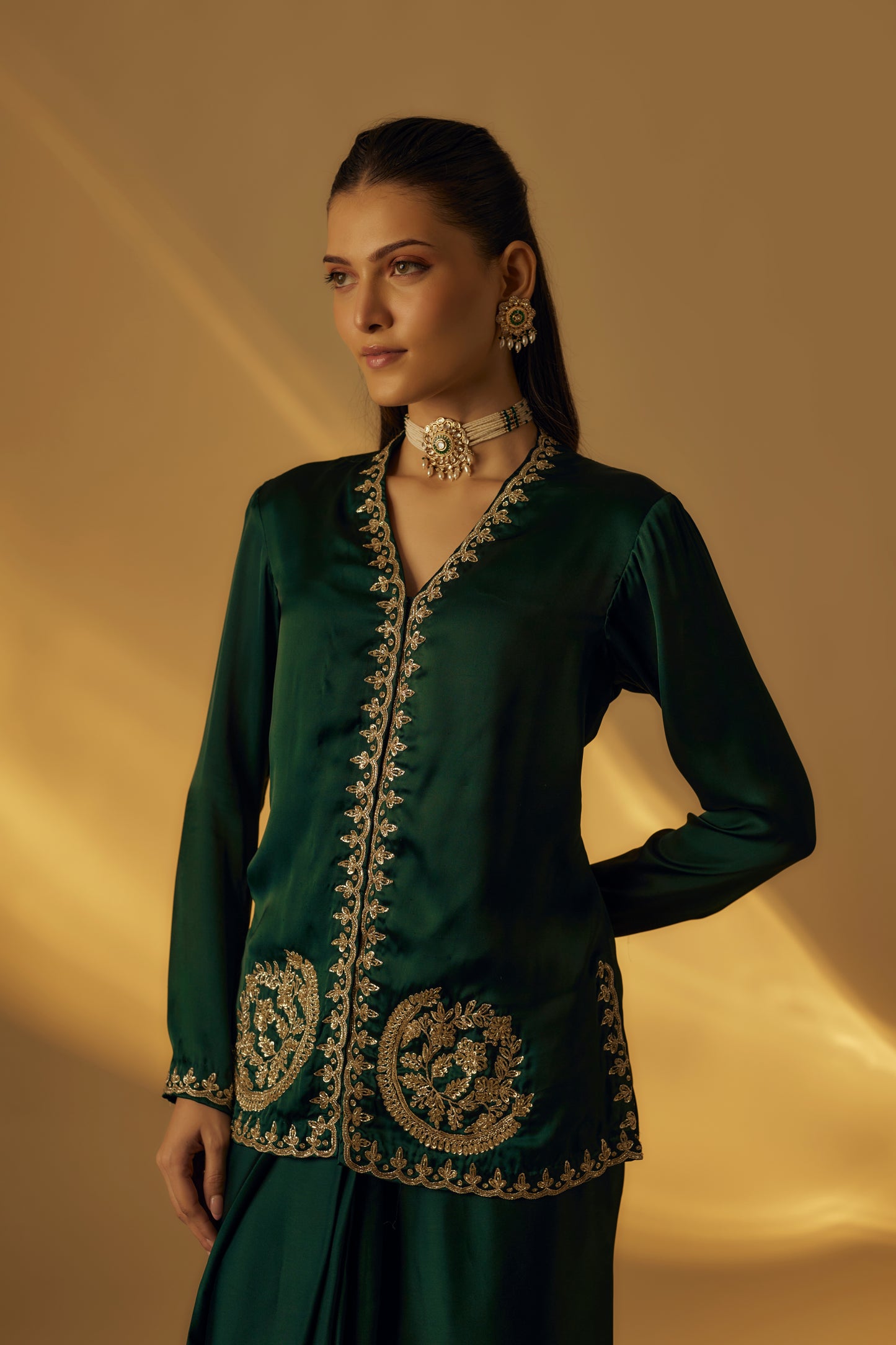 Forest Green Satin Jacket with Saree Drape Skirt