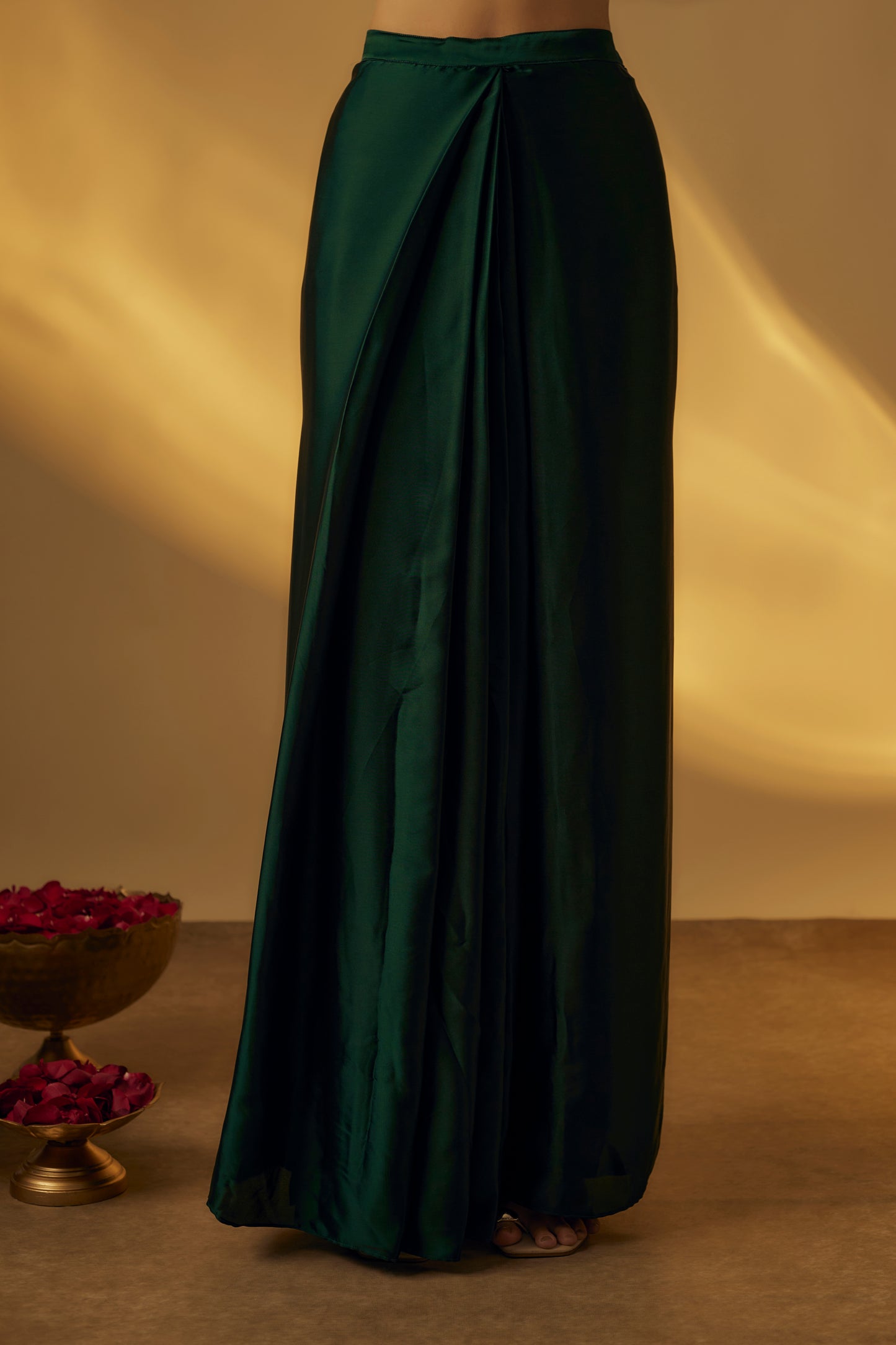 Forest Green Satin Jacket with Saree Drape Skirt