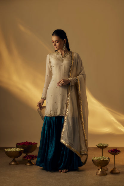 Beige and Teal Gharara Set
