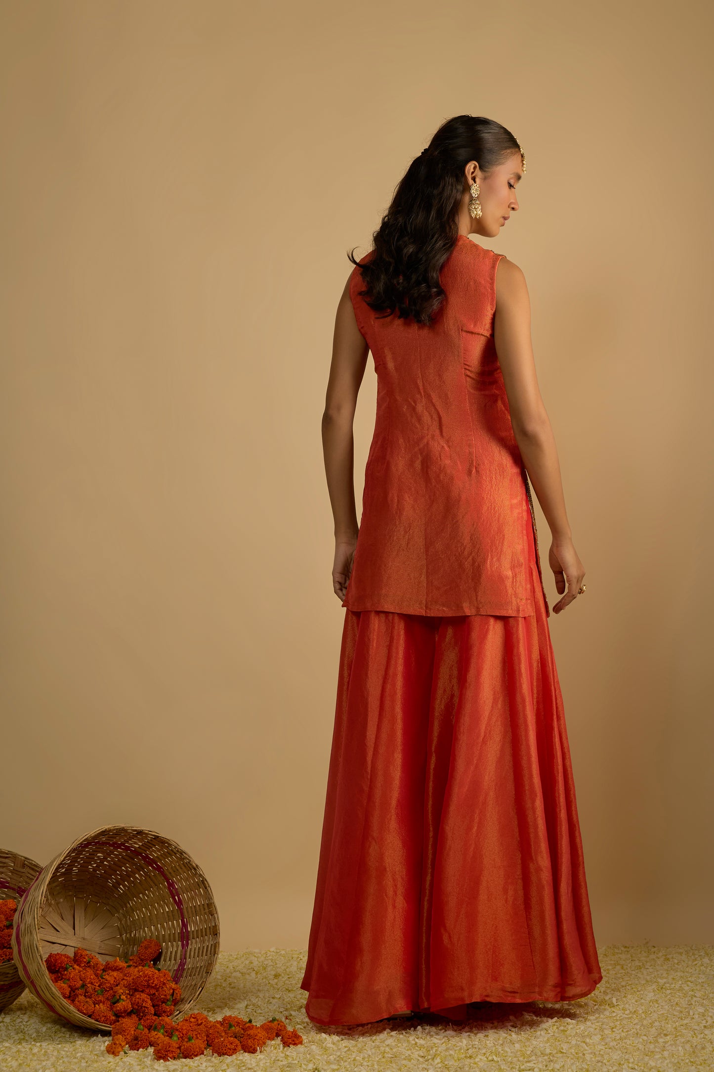 Burnt Orange Silk Tissue Short Kurta Gharara Set