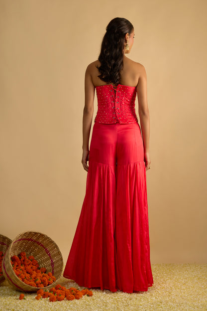 Crimson Blush Silk Chiffon Corset with Gharara Pants Set