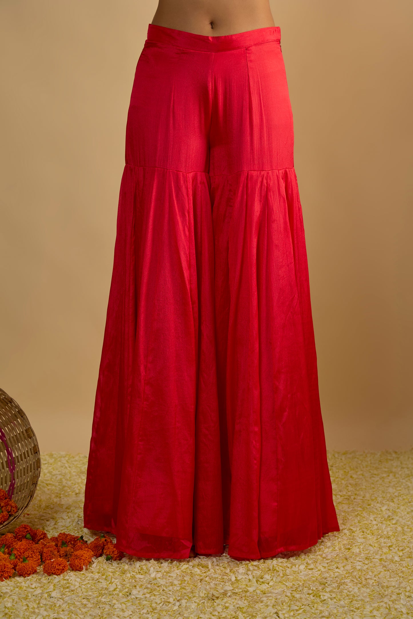 Crimson Blush Silk Chiffon Corset with Gharara Pants Set