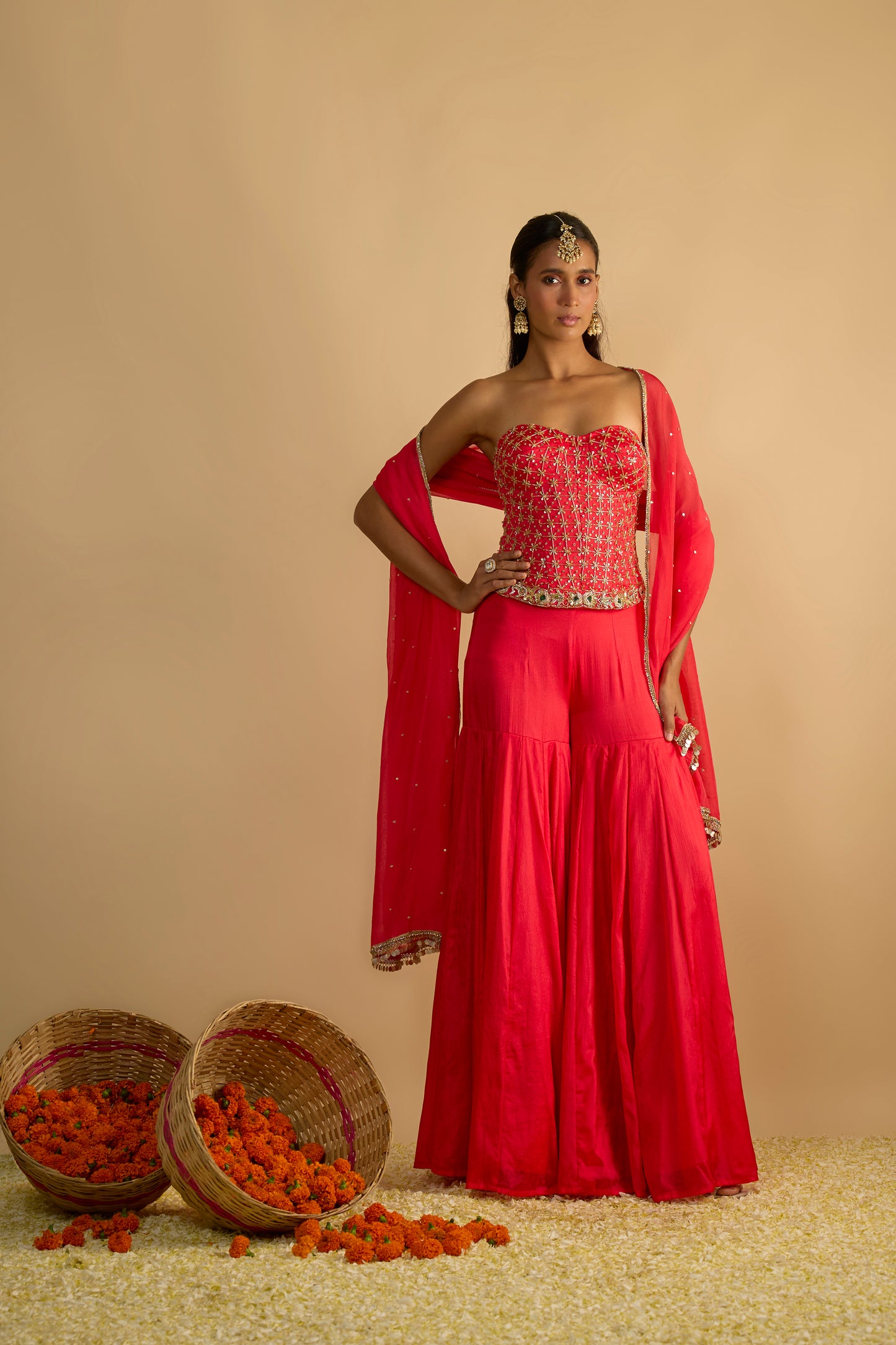 Crimson Blush Silk Chiffon Corset with Gharara Pants Set