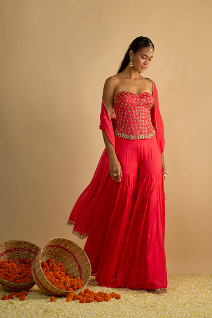 Crimson Blush Silk Chiffon Corset with Gharara Pants Set