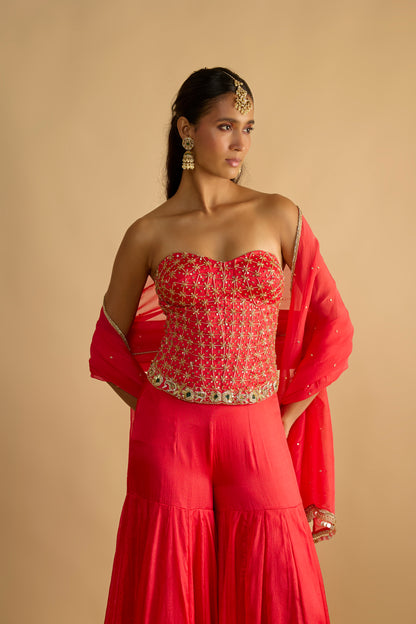 Crimson Blush Silk Chiffon Corset with Gharara Pants Set