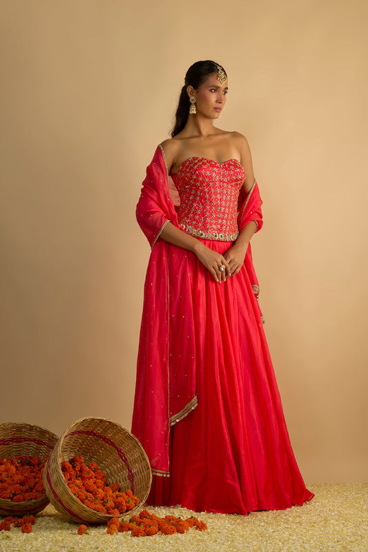 Crimson Blush Silk Chiffon Corset Lehenga Set
