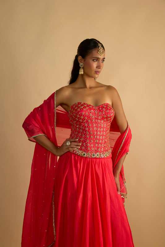 Crimson Blush Silk Chiffon Corset Lehenga Set