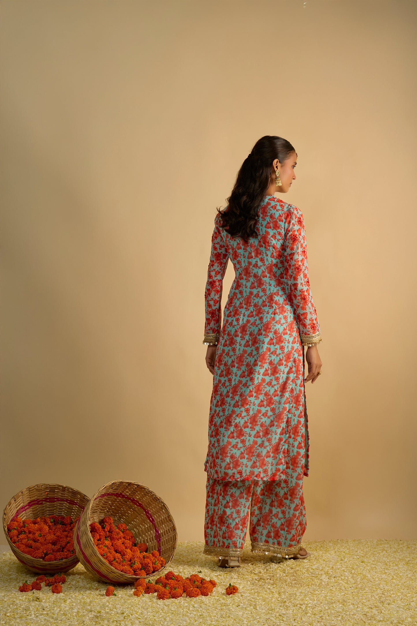 Blue and Orange Printed Kurta Set