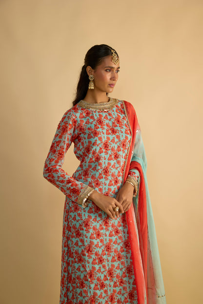 Blue and Orange Printed Kurta Set
