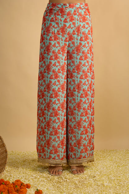 Blue and Orange Printed Kurta Set