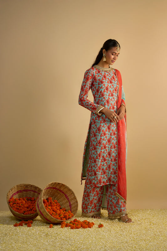 Blue and Orange Printed Kurta Set