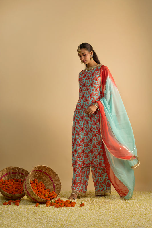 Blue and Orange Printed Kurta Set