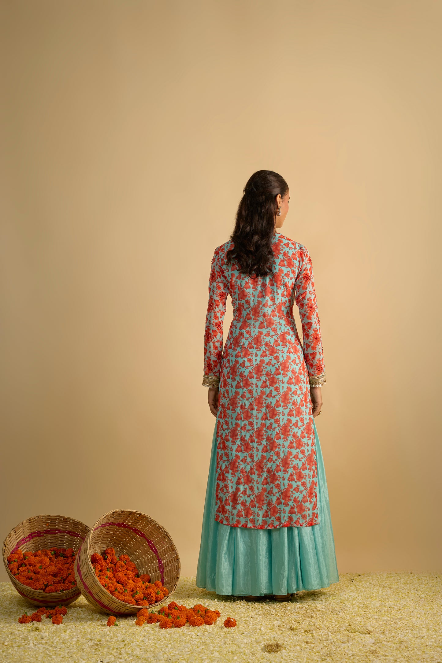 Printed Kurta Hand Embroidered in Georgette with Silk Chiffon Gharara Set