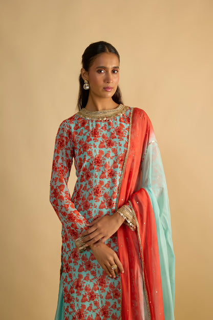 Printed Kurta Hand Embroidered in Georgette with Silk Chiffon Gharara Set