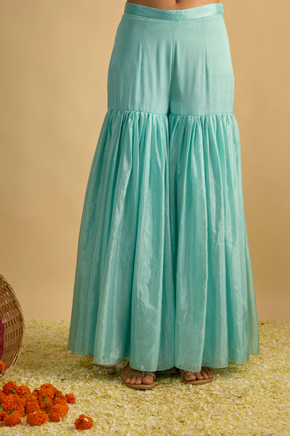 Printed Kurta Hand Embroidered in Georgette with Silk Chiffon Gharara Set