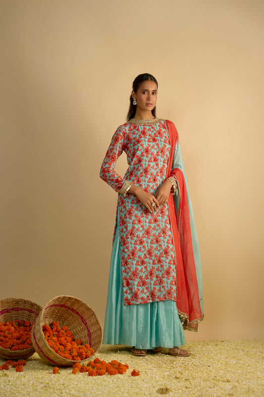 Printed Kurta Hand Embroidered in Georgette with Silk Chiffon Gharara Set