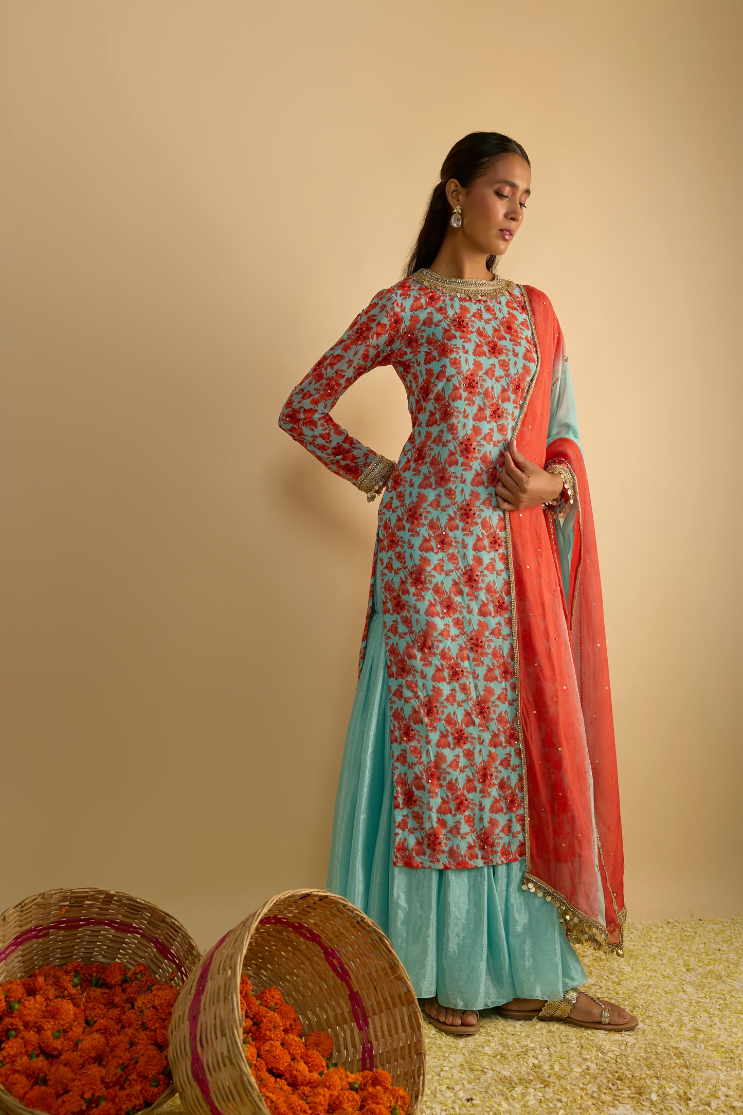 Printed Kurta Hand Embroidered in Georgette with Silk Chiffon Gharara Set