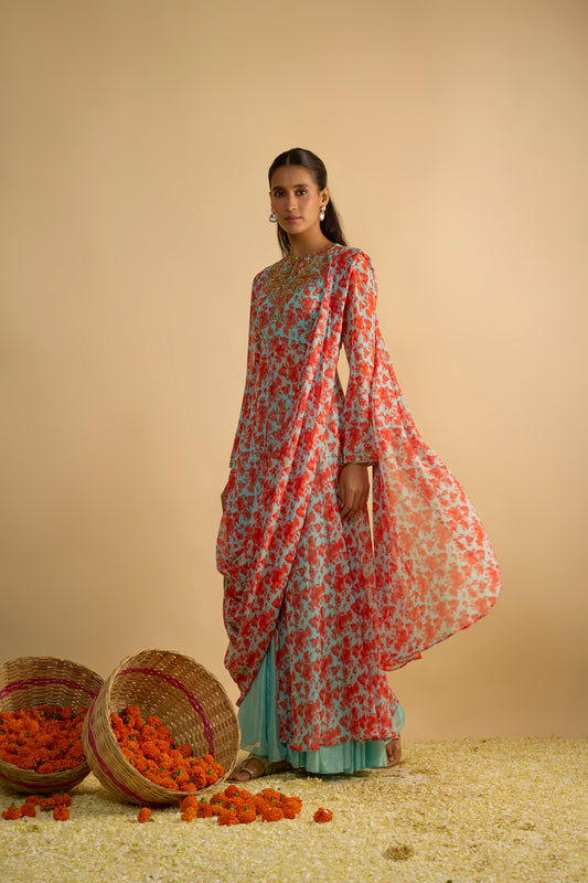 Blue and Orange Floral Printed Jacket Style Draped Silk Chiffon Gharara Set