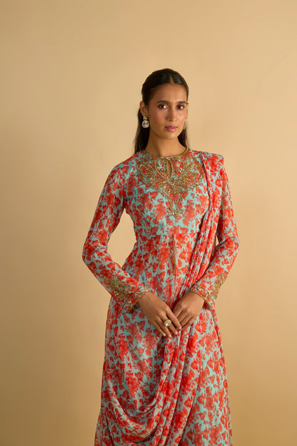 Blue and Orange Floral Printed Jacket Style Draped Silk Chiffon Gharara Set
