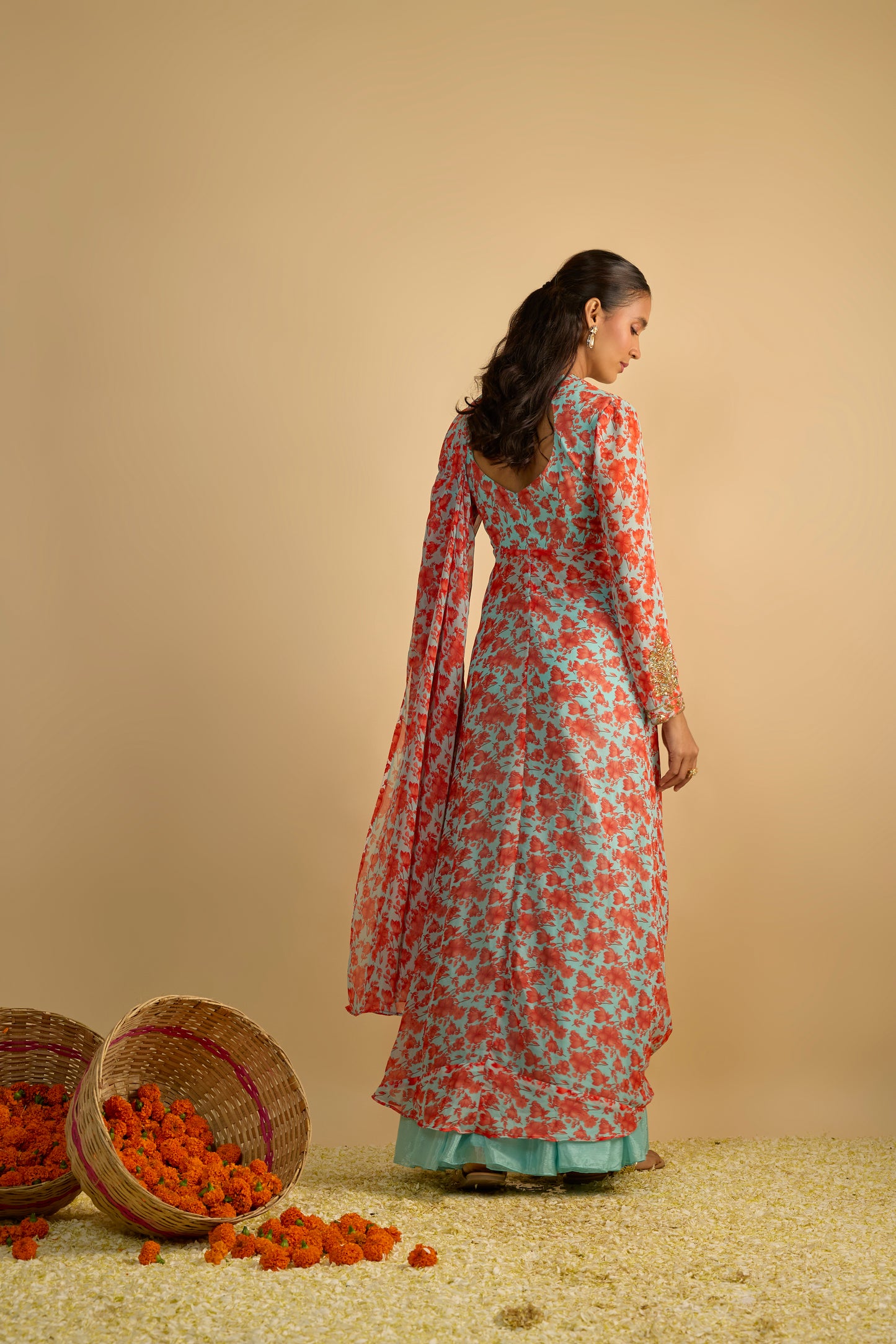 Blue and Orange Floral Printed Jacket Style Draped Silk Chiffon Gharara Set