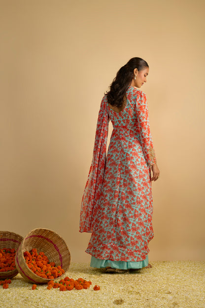 Blue and Orange Floral Printed Jacket Style Draped Silk Chiffon Gharara Set
