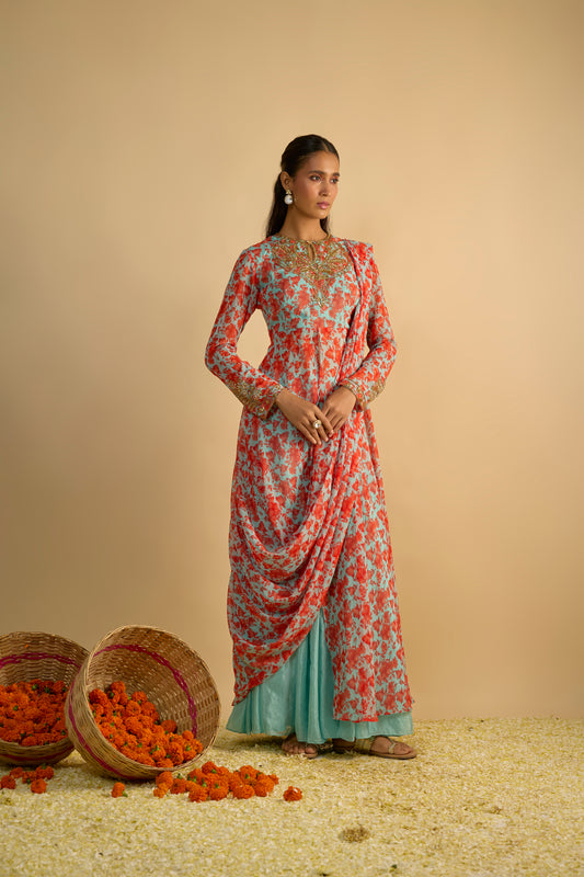 Blue and Orange Floral Printed Jacket Style Draped Silk Chiffon Gharara Set
