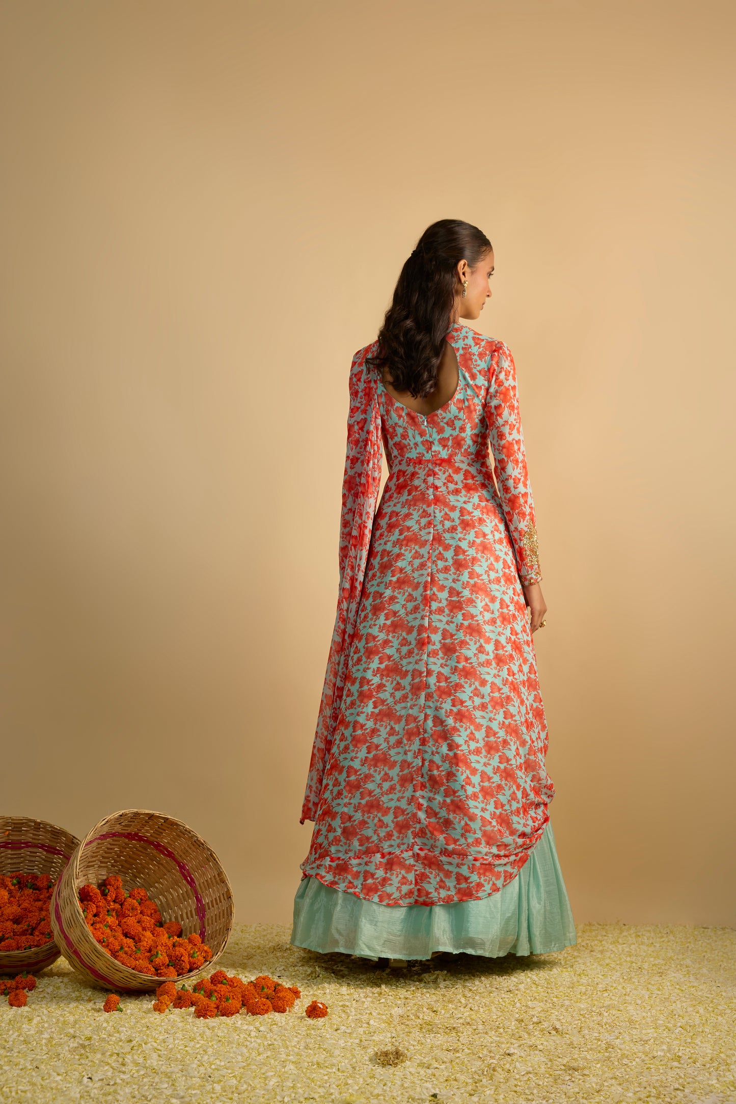 Blue and Orange Floral Printed Jacket Style Draped  Lehenga Set