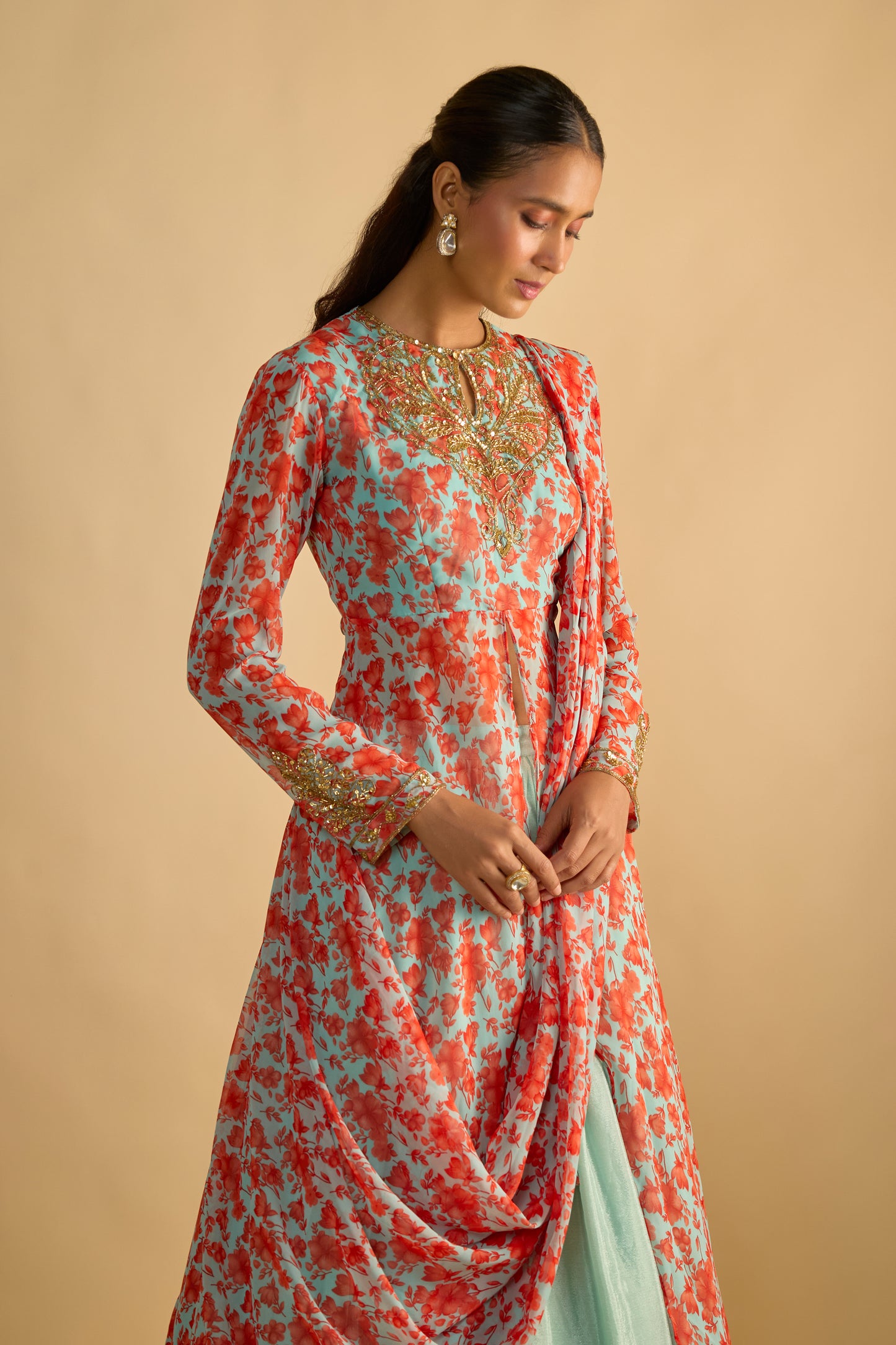 Blue and Orange Floral Printed Jacket Style Draped  Lehenga Set