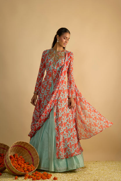 Blue and Orange Floral Printed Jacket Style Draped  Lehenga Set