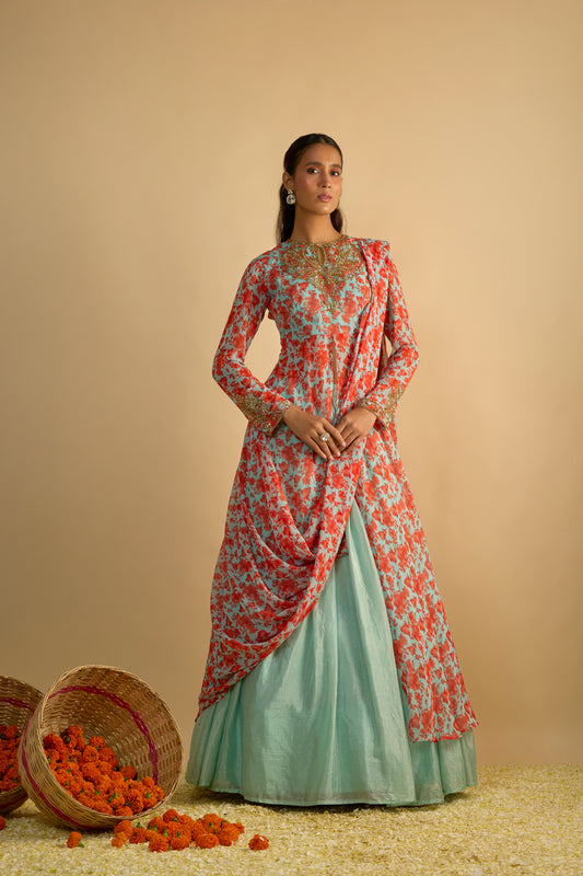 Blue and Orange Floral Printed Jacket Style Draped  Lehenga Set