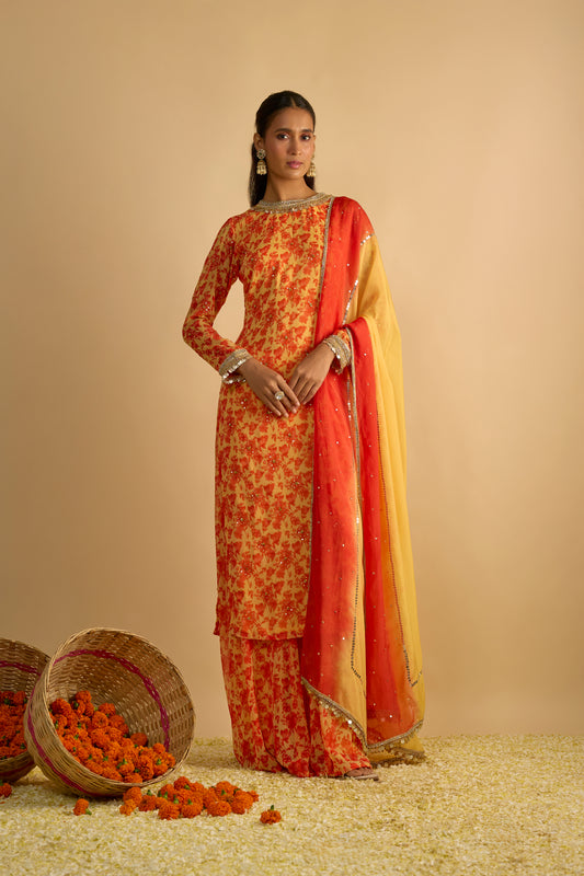 Yellow and Orange Floral Printed Palazzo Set